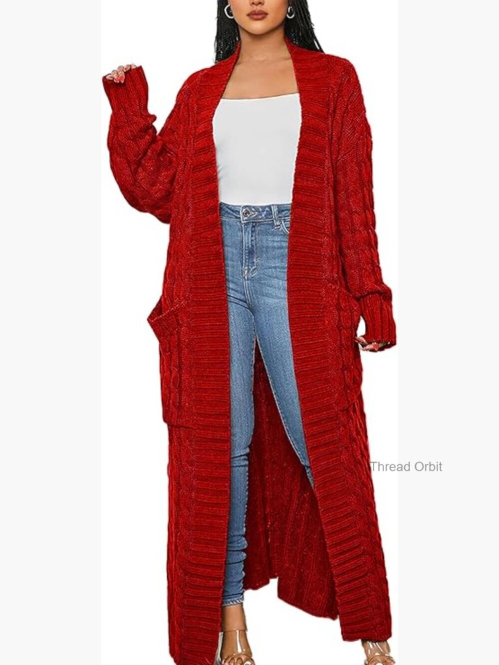 Open Front Chunky Knit Maxi Cardigan Sweater Coat with Pockets